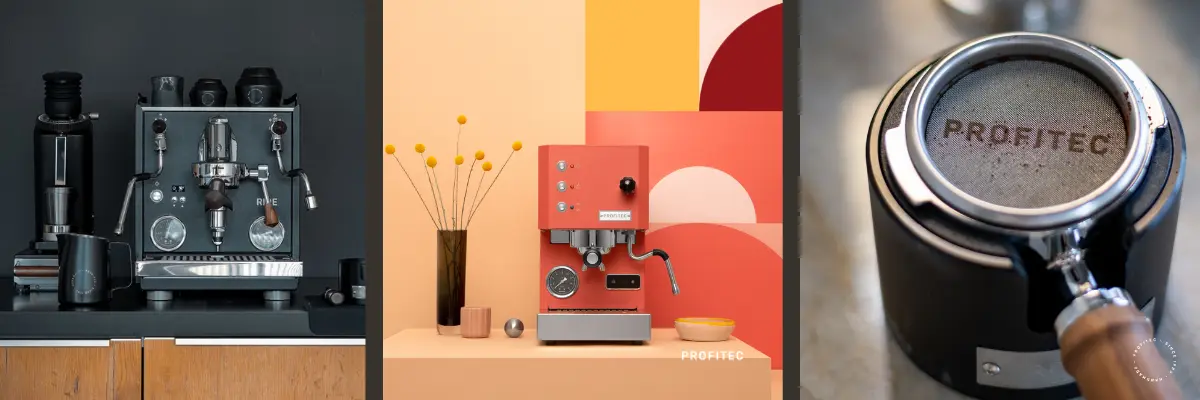 Banner met Profitec espressomachines en portafilter detail – presentatie van design en kwaliteit bij BYVERSLOOT